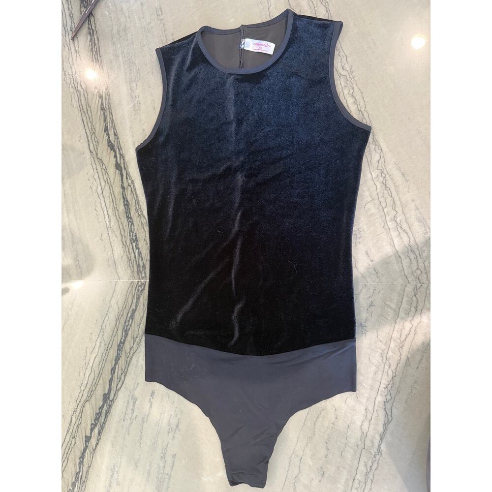Commando Black Velvet Sleeveless Thong Bodysuit Small